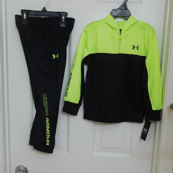 NWT 2pc Under Armour Hi Vis Yellow Black Hooded Zip Coat & Pants Set sz 2t 3t 4t - Picture 1 of 1